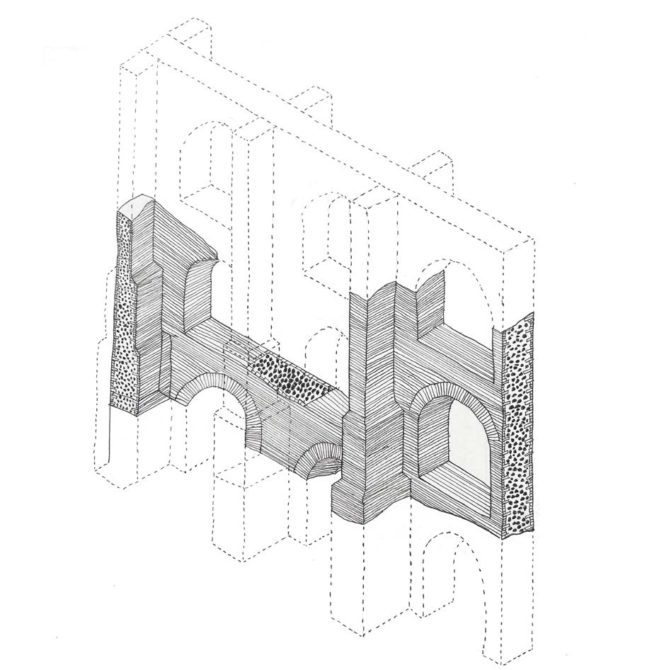 Hand-drawn axonometric sketch of a Roman aqueduct